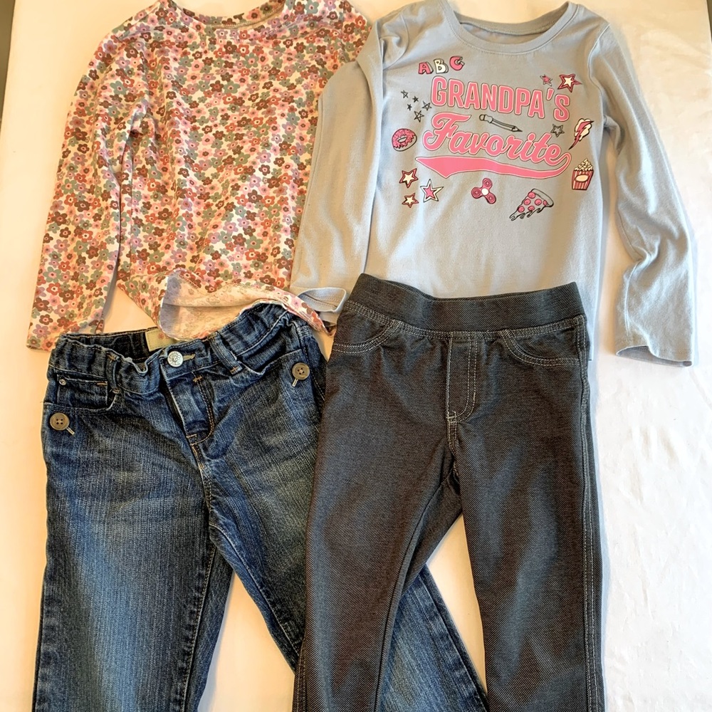 Girl 4T bundle of 2 outfits long sleeve shirts & pants flowers grandpa’s fave